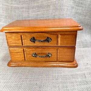 Wooden Jewelry Box Mirror Pink Velvet Lining Ornate Metal Pulls Organizer vtg